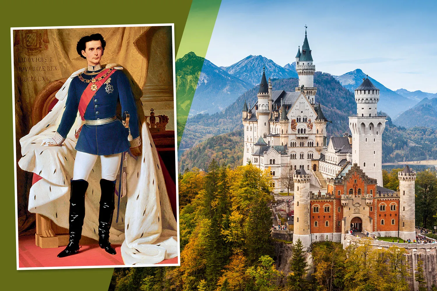 Panoramic view of Neuschwanstein Castle nestled among the Bavarian Alps